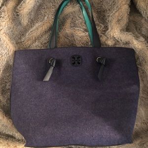 Blue felted Tory Burch Tote with leather h…